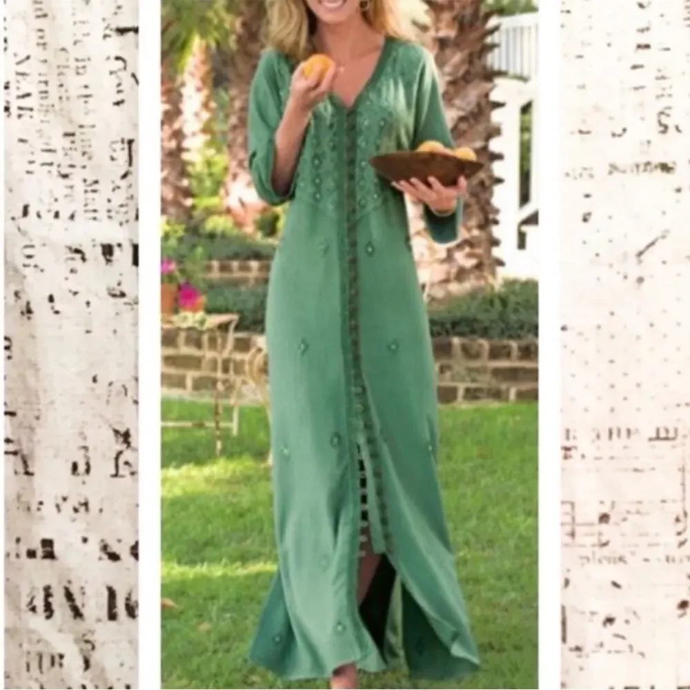 Soft Surroundings Womens Embroidered Sequin Kaftan Maxi Dress Size Small Green - Picture 6 of 11